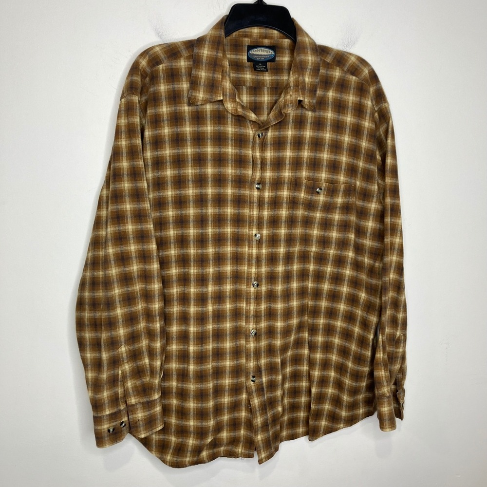 Sandy River brown tan‎ plaid button down shirt 100% cotton men's size XL casual